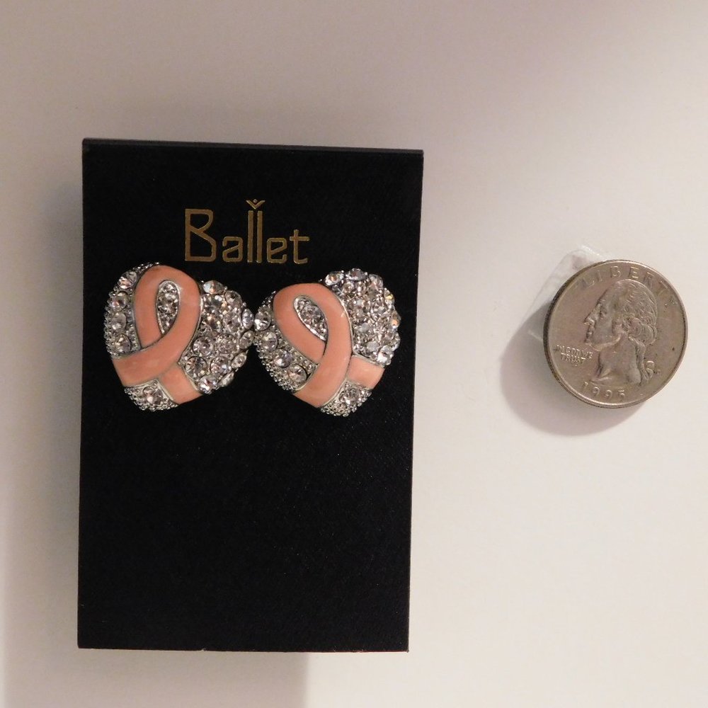 Ballet Ladies Cancer Pink Ribbon Heart Stud Earrings Push Back Fasteners